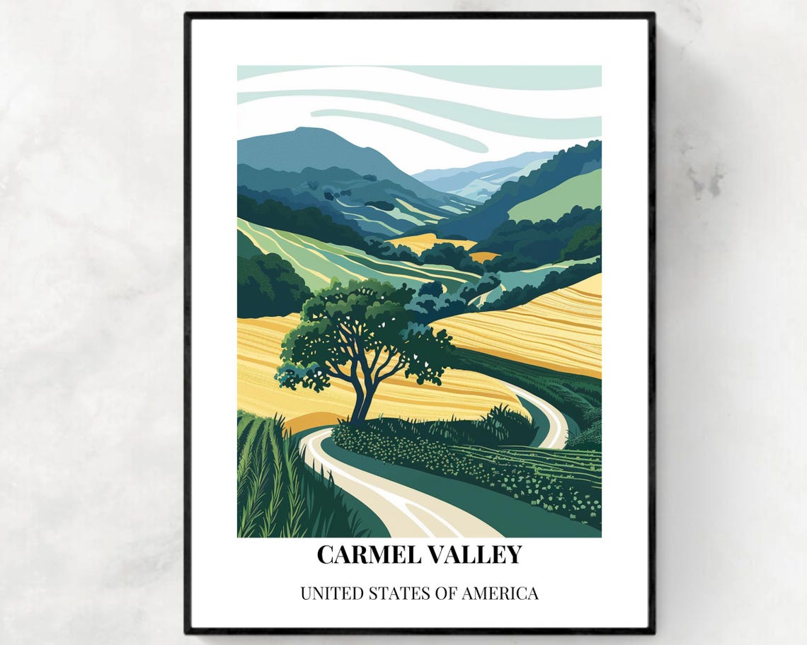 Carmel Valley Rolling Green Hills Vintage Style Travel Poster