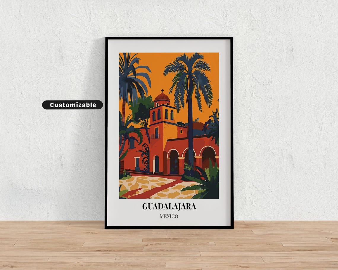 Guadalajara Mexico Colonial Church Sunset Retro Travel Poster Palm Art