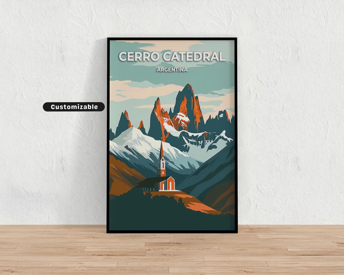Cerro Catedral Argentina Retro Geometric Mountain Chapel Travel Poster