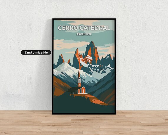 Cerro Catedral Argentina Retro Geometric Mountain Chapel Travel Poster
