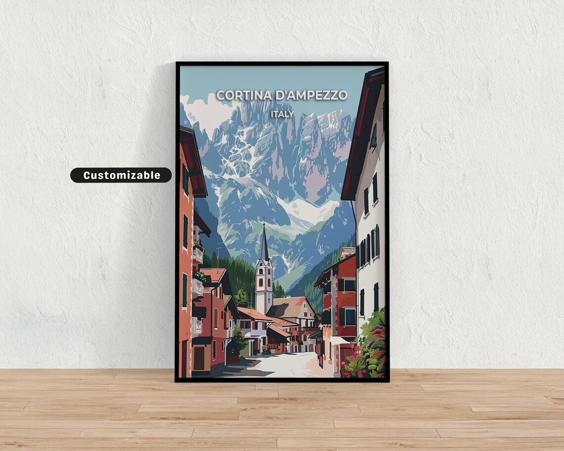 Cortina d'Ampezzo Italy Alpine Town Street Mountain View Travel Poster