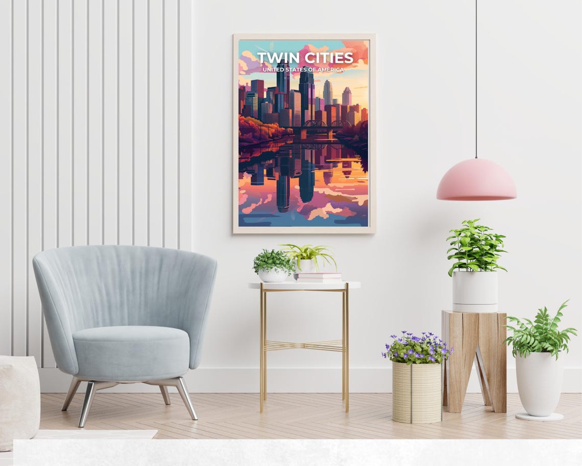 Twin Cities Minnesota Pink Skyline River Reflection Travel Poster - Image 2