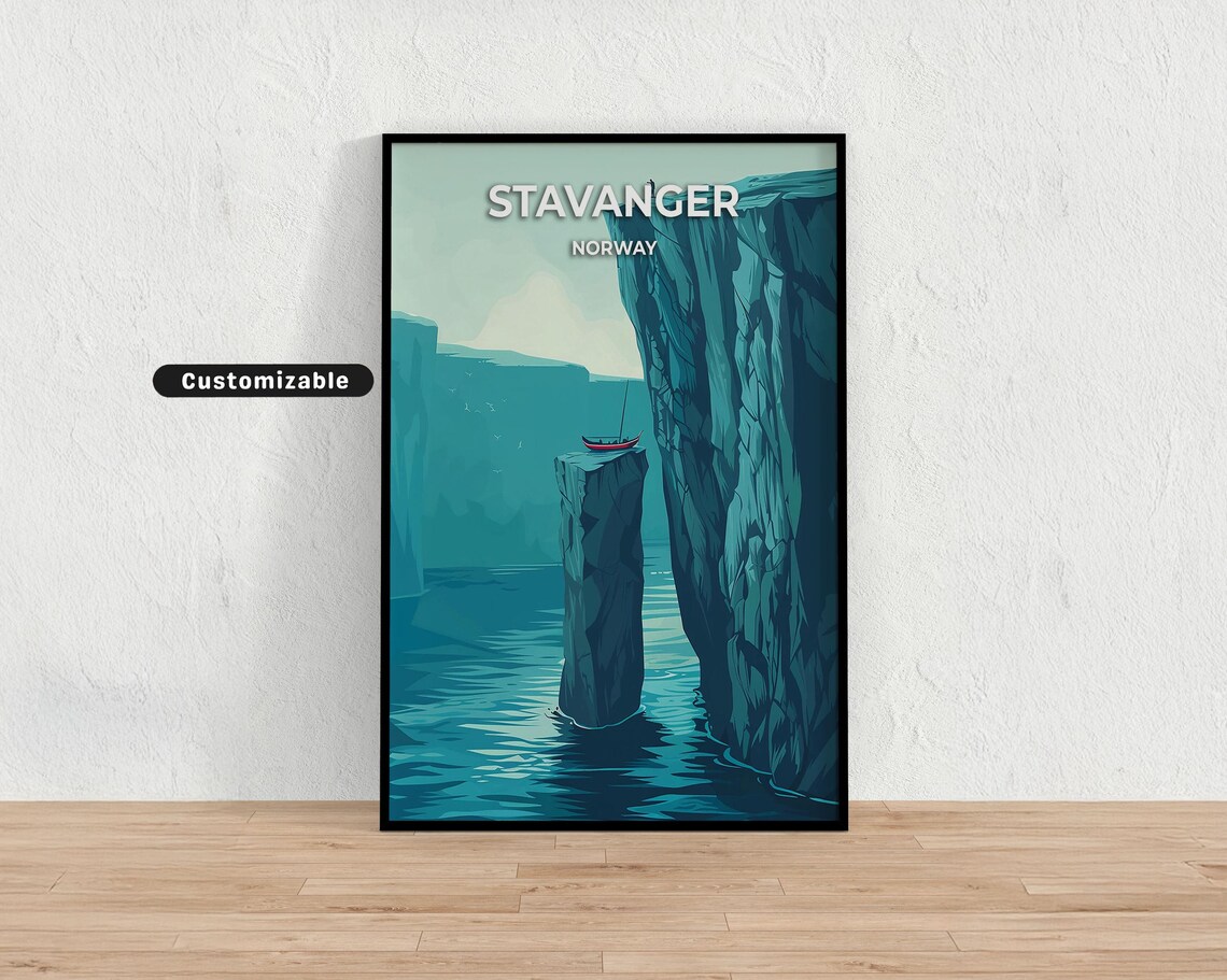 Stavanger Norway Dramatic Sea Cliffs Illustrated Fjord Travel Poster