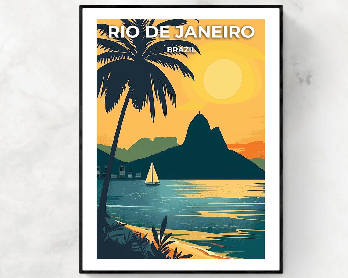 Rio De Janeiro Brazil Sunset Silhouette Sailboat Peaks Bay Poster