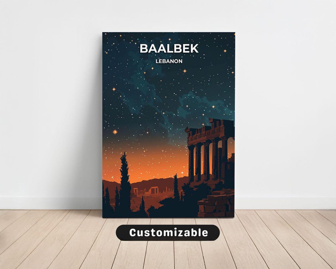 Baalbek Lebanon Ancient Ruins Starry Night Customizable Travel Poster