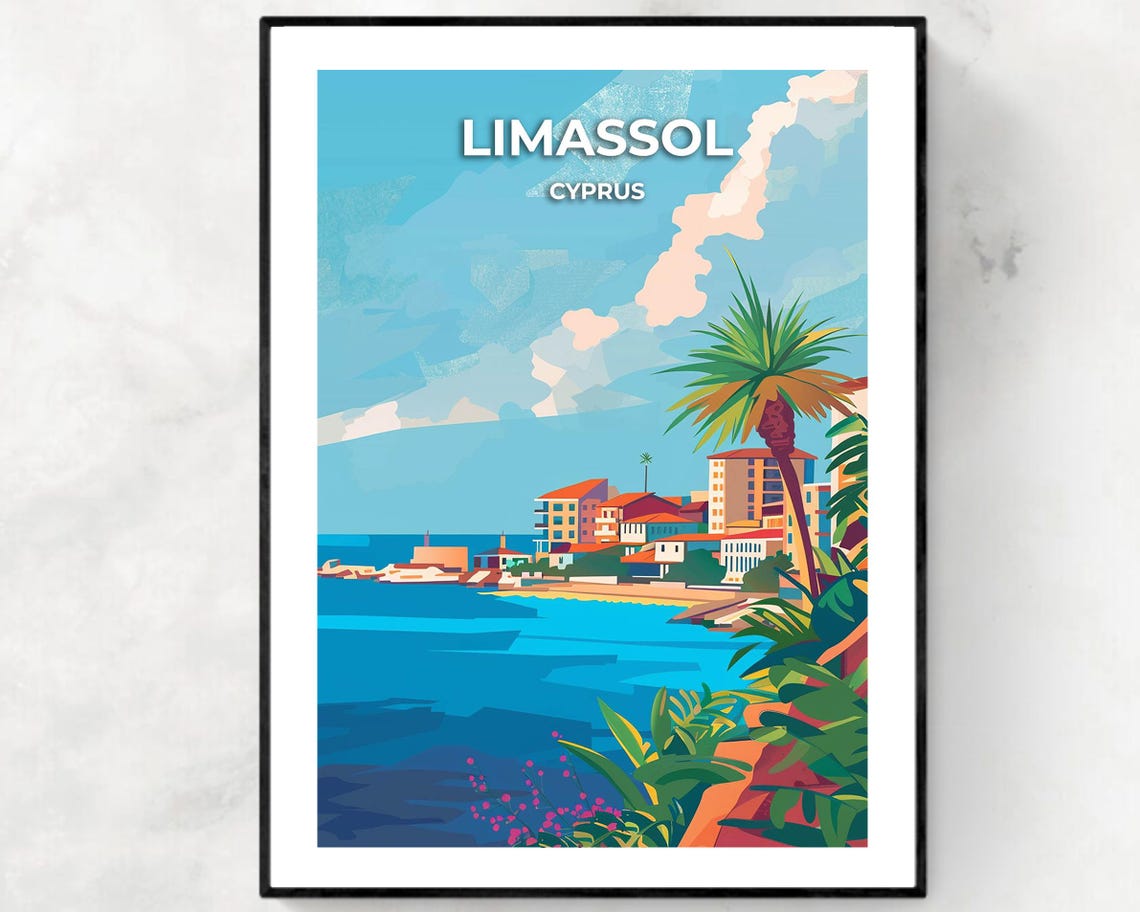 Limassol Seafront Buildings and Palm Trees Cyprus Travel Poster