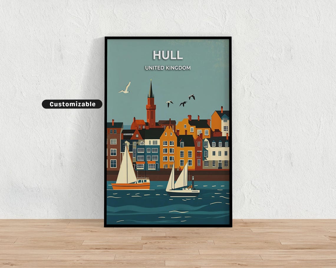 Hull United Kingdom Sailboats Waterfront Gulls Coastal Travel Poster
