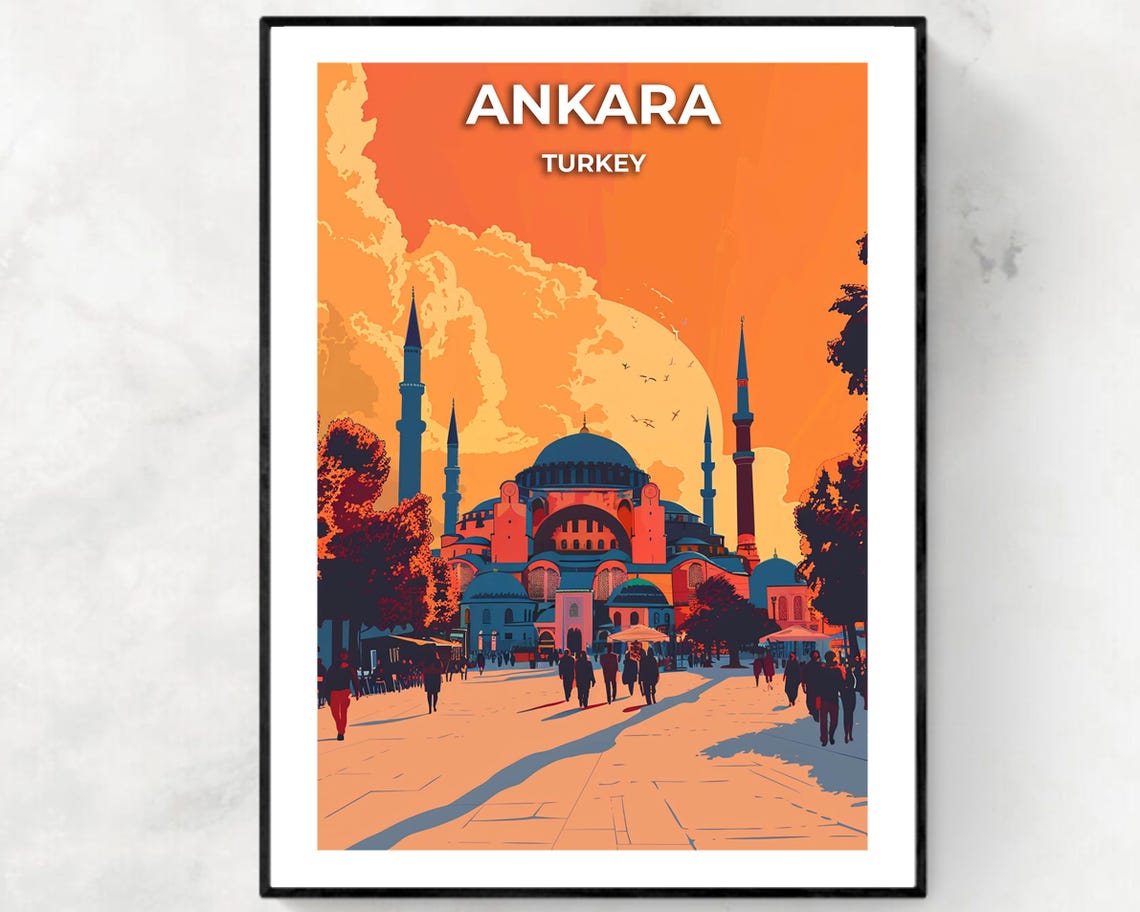 Ankara Turkey Grand Mosque at Sunset with Crowded Square Poster