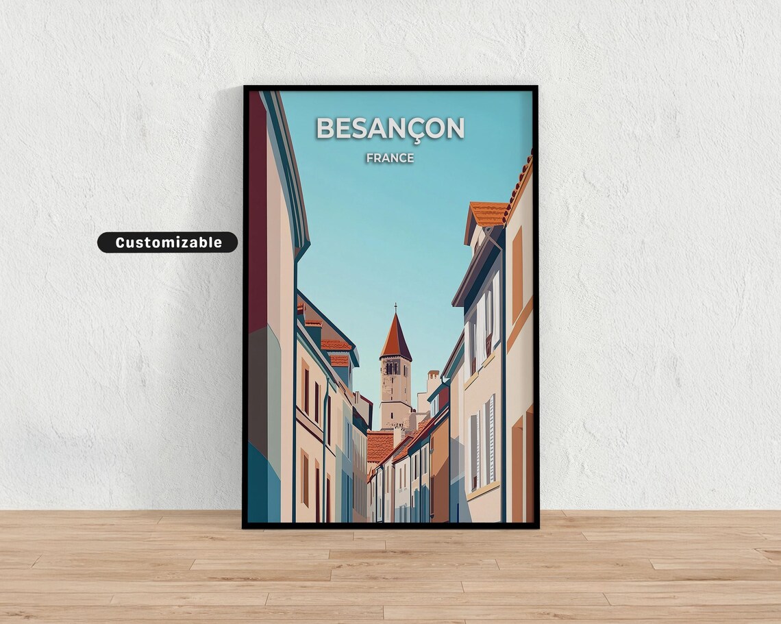 Besançon France Old Town Street and Historic Tower Travel Poster