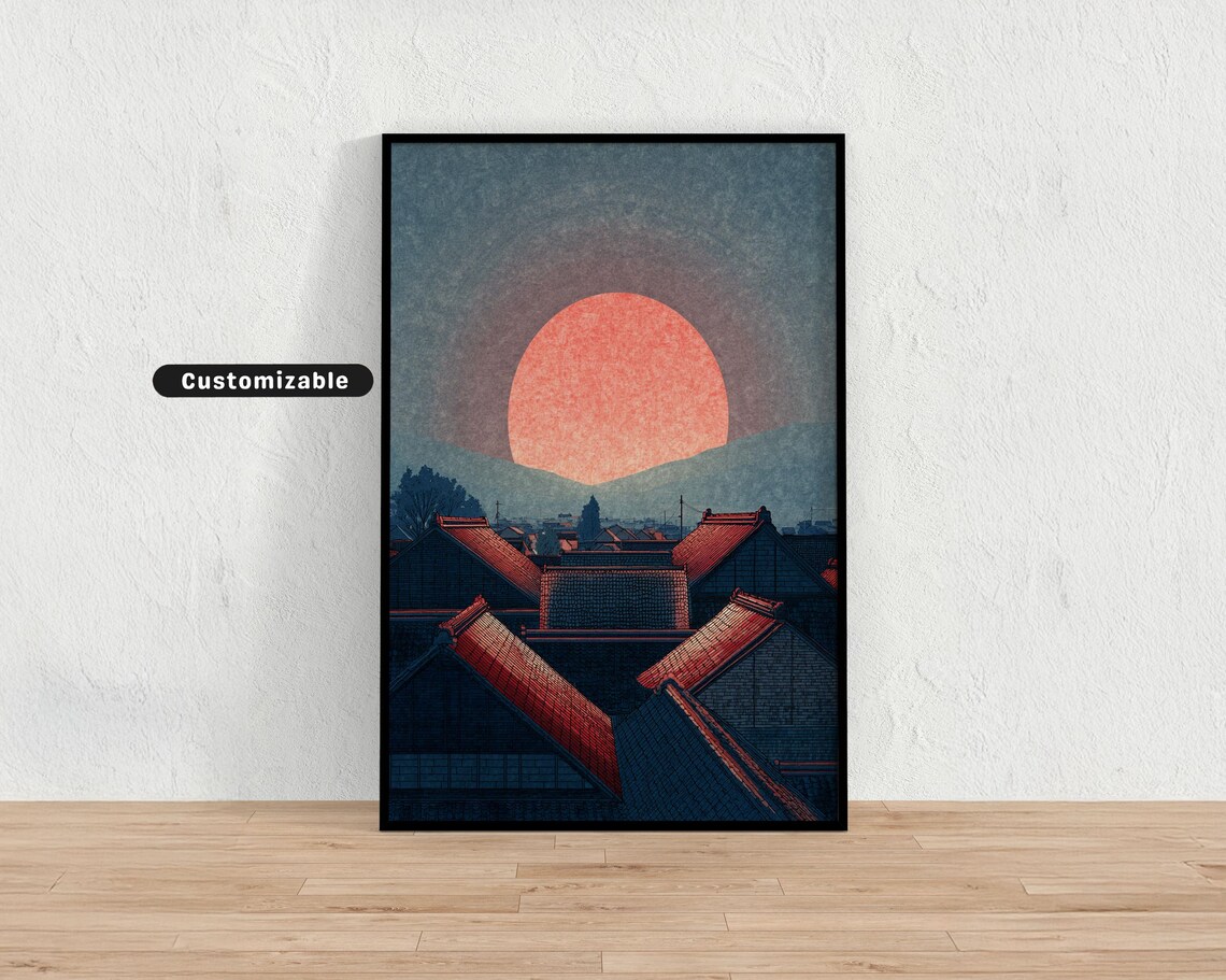 Red Sun Rising Over Japanese Village Rooftops Washi Paper Poster
