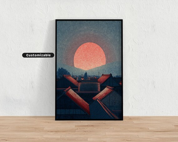 Red Sun Rising Over Japanese Village Rooftops Washi Paper Poster