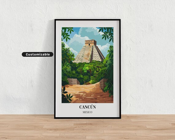 Cancun Mexico Mayan Step Pyramid Jungle Ruins Vintage Travel Poster