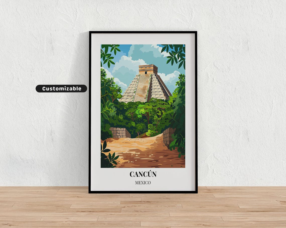 Cancun Mexico Mayan Step Pyramid Jungle Ruins Vintage Travel Poster