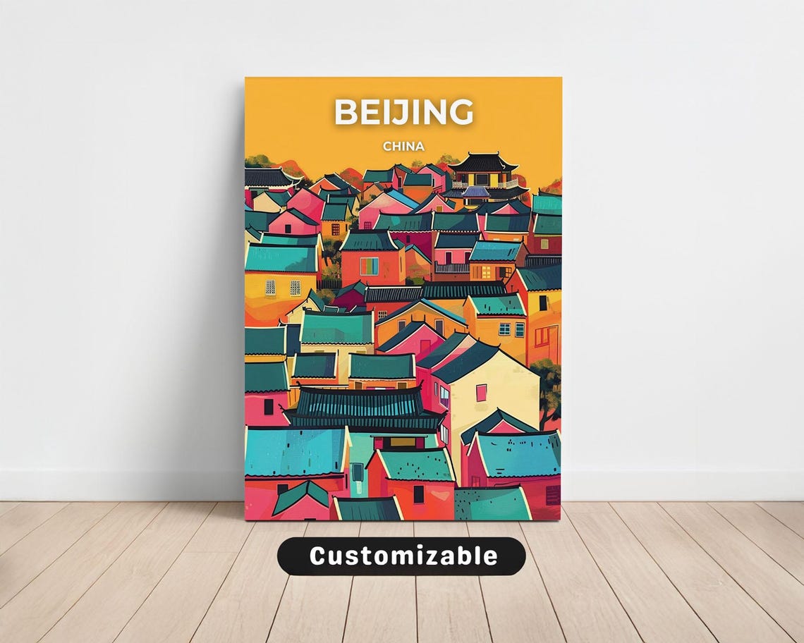 Beijing China Old Town Rooftops Bold Pop Colors Travel Poster