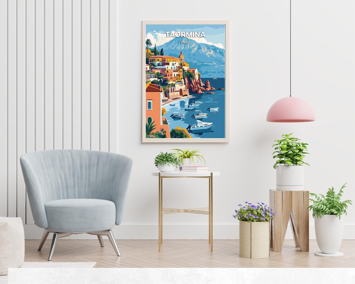 Taormina Clifftop Town with Boats and Mount Etna Italy Poster - Image 2