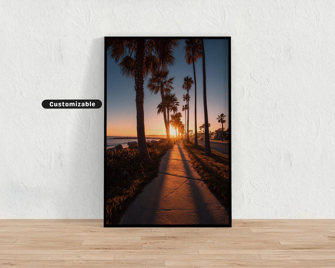 Palm Tree Lined Path Golden Sunset Vintage Coastal Photo Wall Print