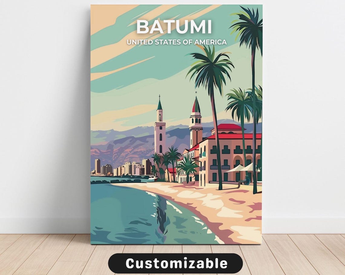 Batumi Coastline Vintage Retro Travel Sunset Palms Poster Artwork