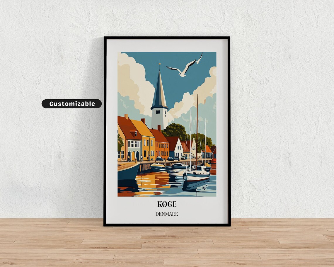 Koge Denmark Harbor Sailboats Scandinavian Vintage Travel Poster