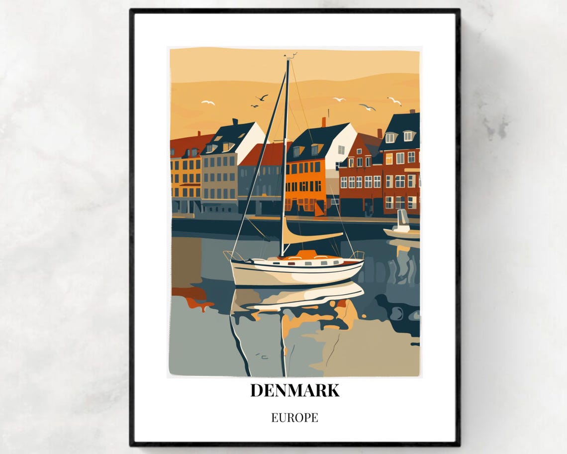 Denmark Harbor Sailboat Colorful Waterfront Houses Sunset Poster