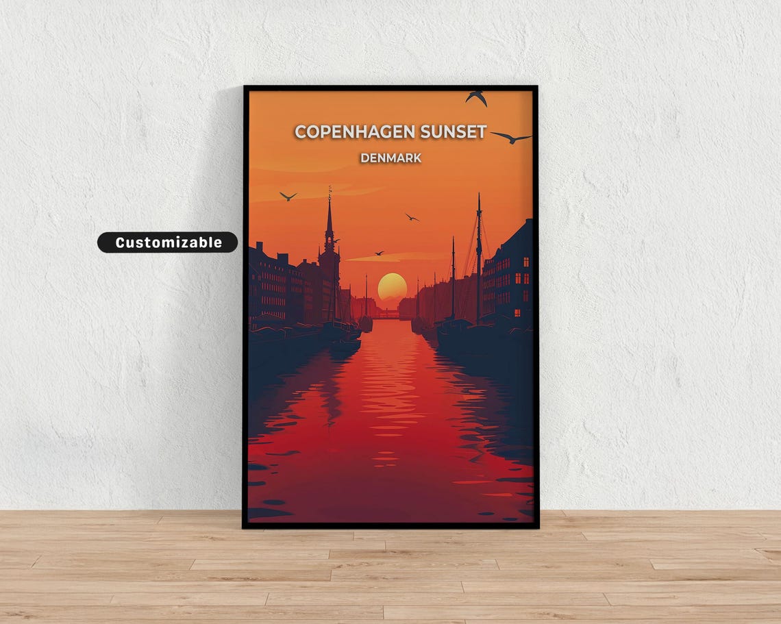 Copenhagen Sunset Denmark Harbor Canal Orange Sky Travel Poster