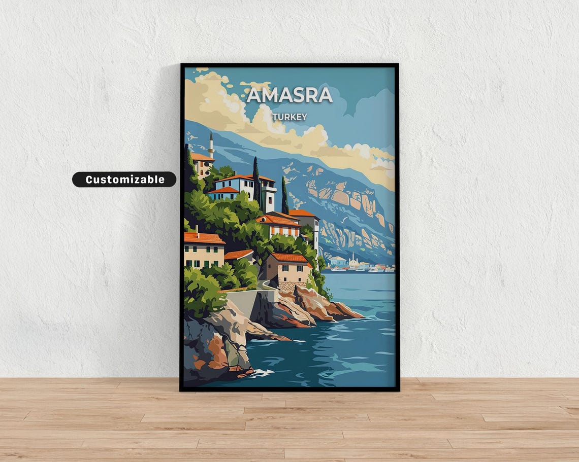 Amasra Turkey Coastal Cliffs Seaside Town Illustrated Travel Poster