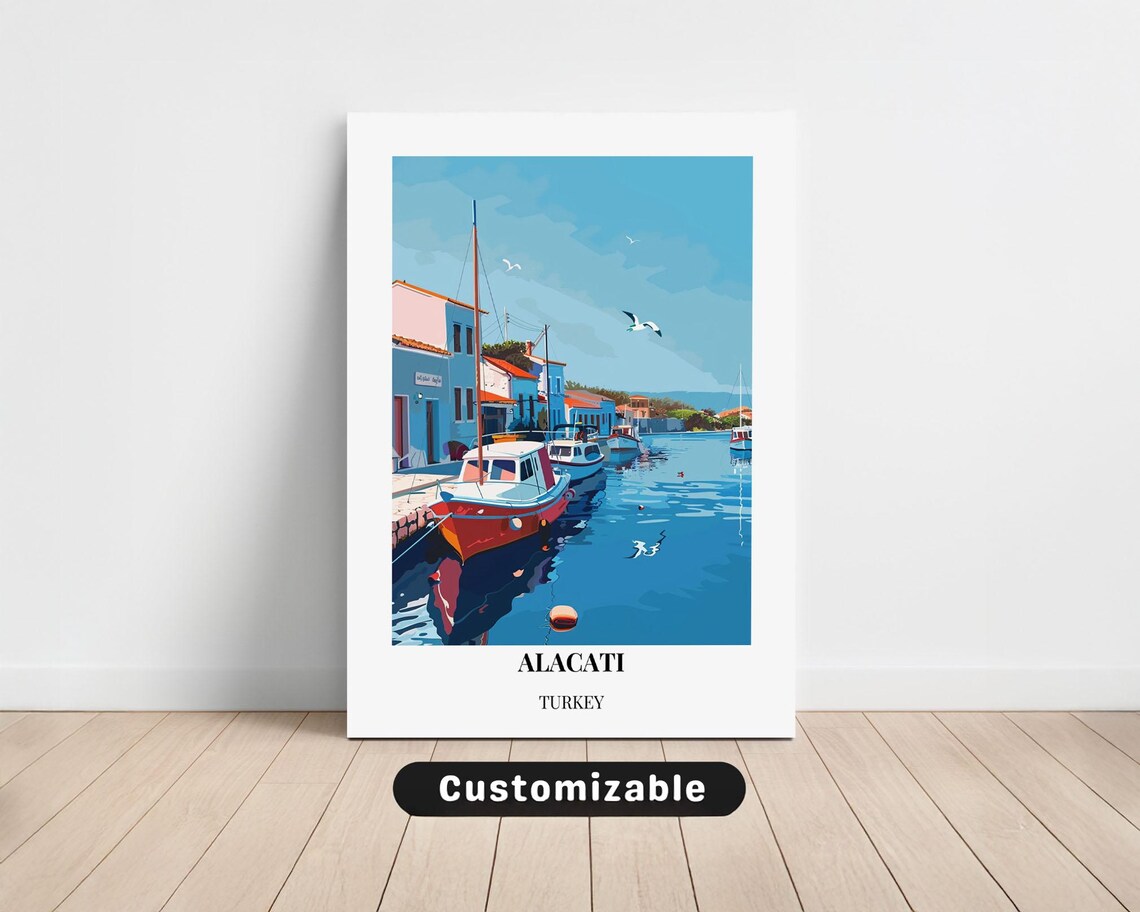 Alacati Turkey Blue Harbor Fishing Boats Seagulls Travel Poster