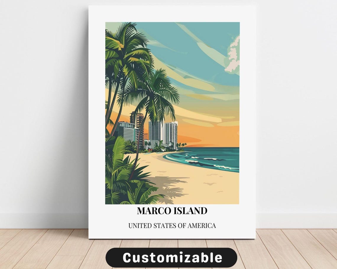 Marco Island Beach Palm Trees Vintage Florida Travel Art Poster