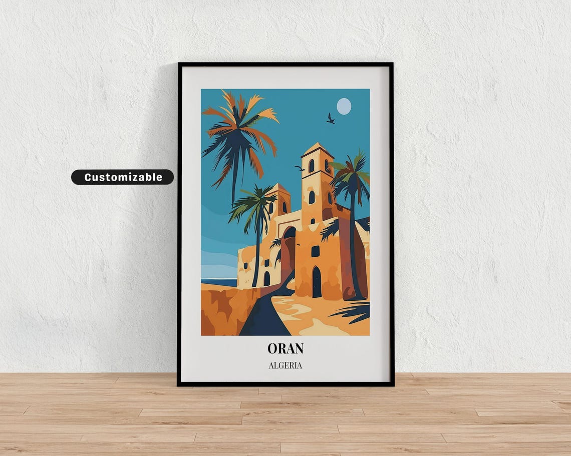 Oran Algeria Travel Poster Coastal Fortress With Palm Trees Art