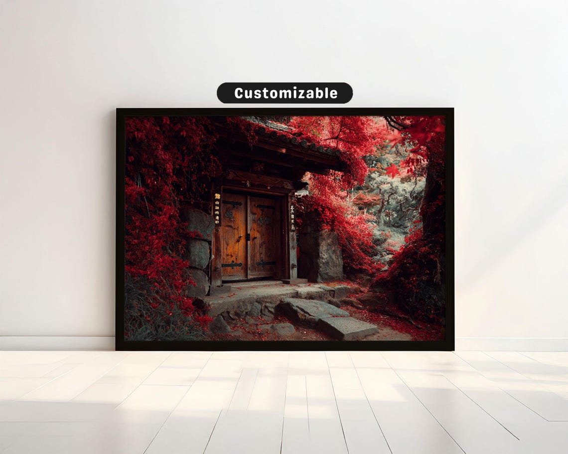 Old Temple Gate Half Covered In Red Ivy Japanese Wall Art Print Zen Asian Decor