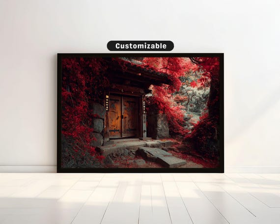 Old Temple Gate Half Covered In Red Ivy Japanese Wall Art Print Zen Asian Decor