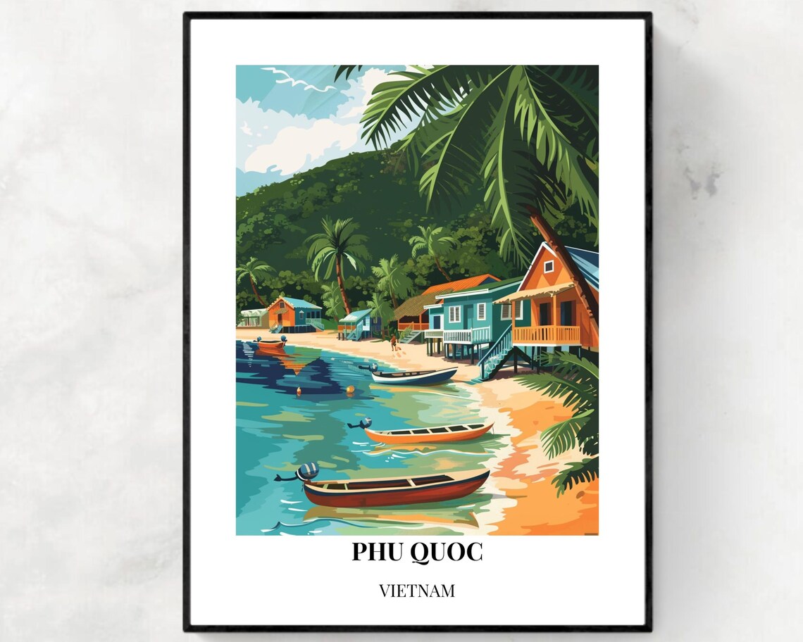 Phu Quoc Vietnam Fishing Village Beach Boats Tropical Travel Poster
