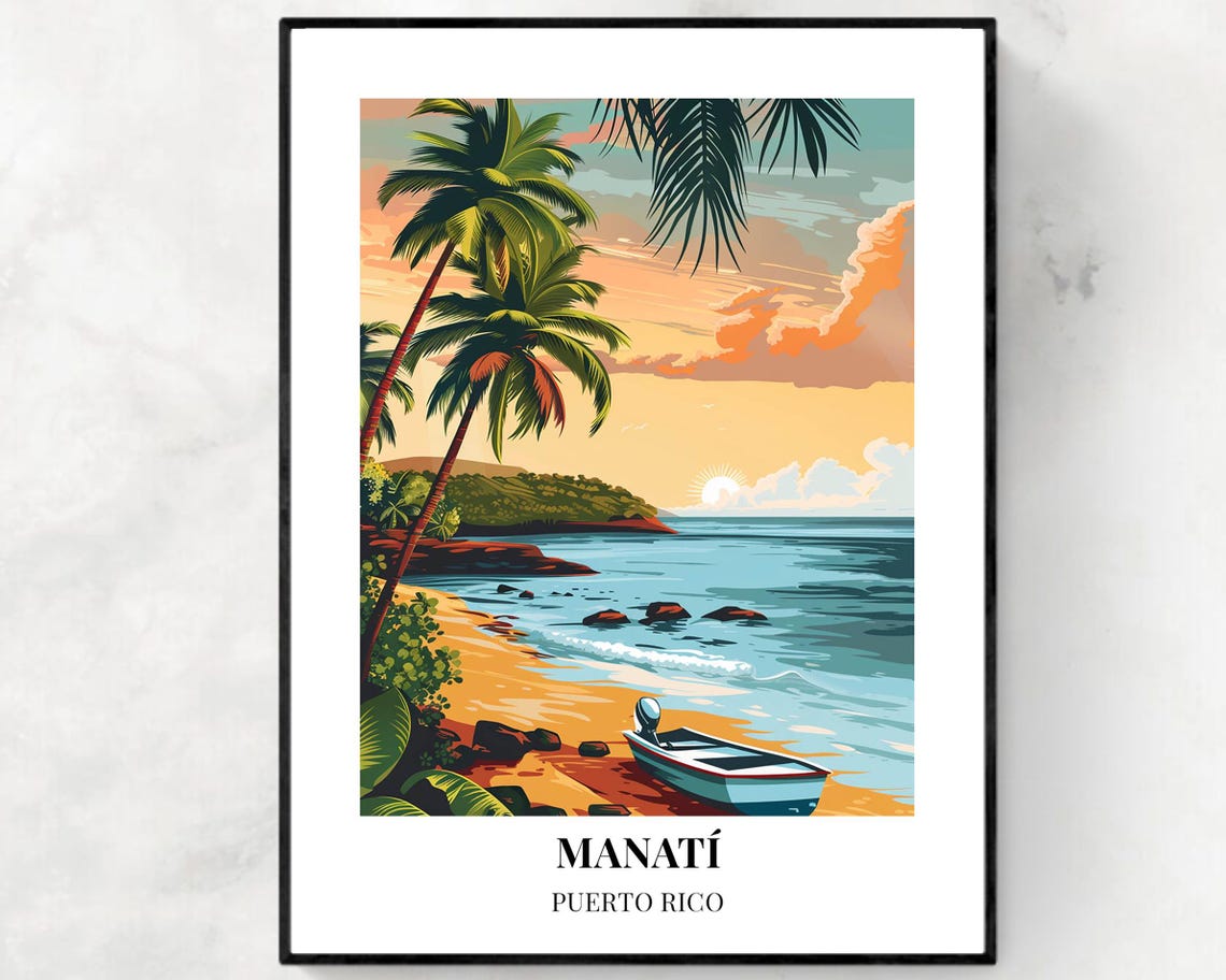 Manatí Puerto Rico Sunset Beach With Boat Illustrated Travel Poster