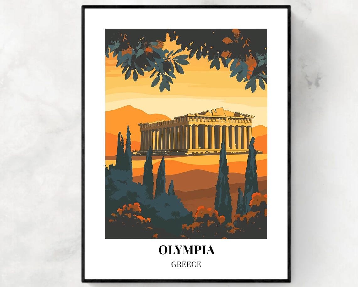 Olympia Greece Ancient Temple Sunset Cypress Trees Orange Sky Poster