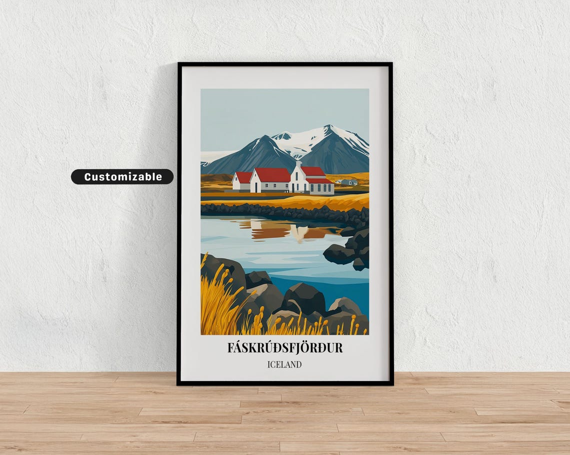 Faskrudsfjordur Iceland Red Roofs Mountain Fjord Minimalist Poster