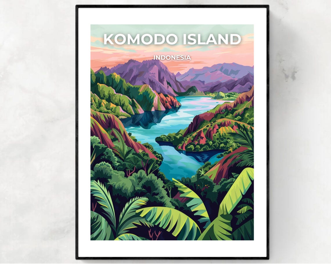 Komodo Island Indonesia Tropical Bay Lush Jungle Travel Poster