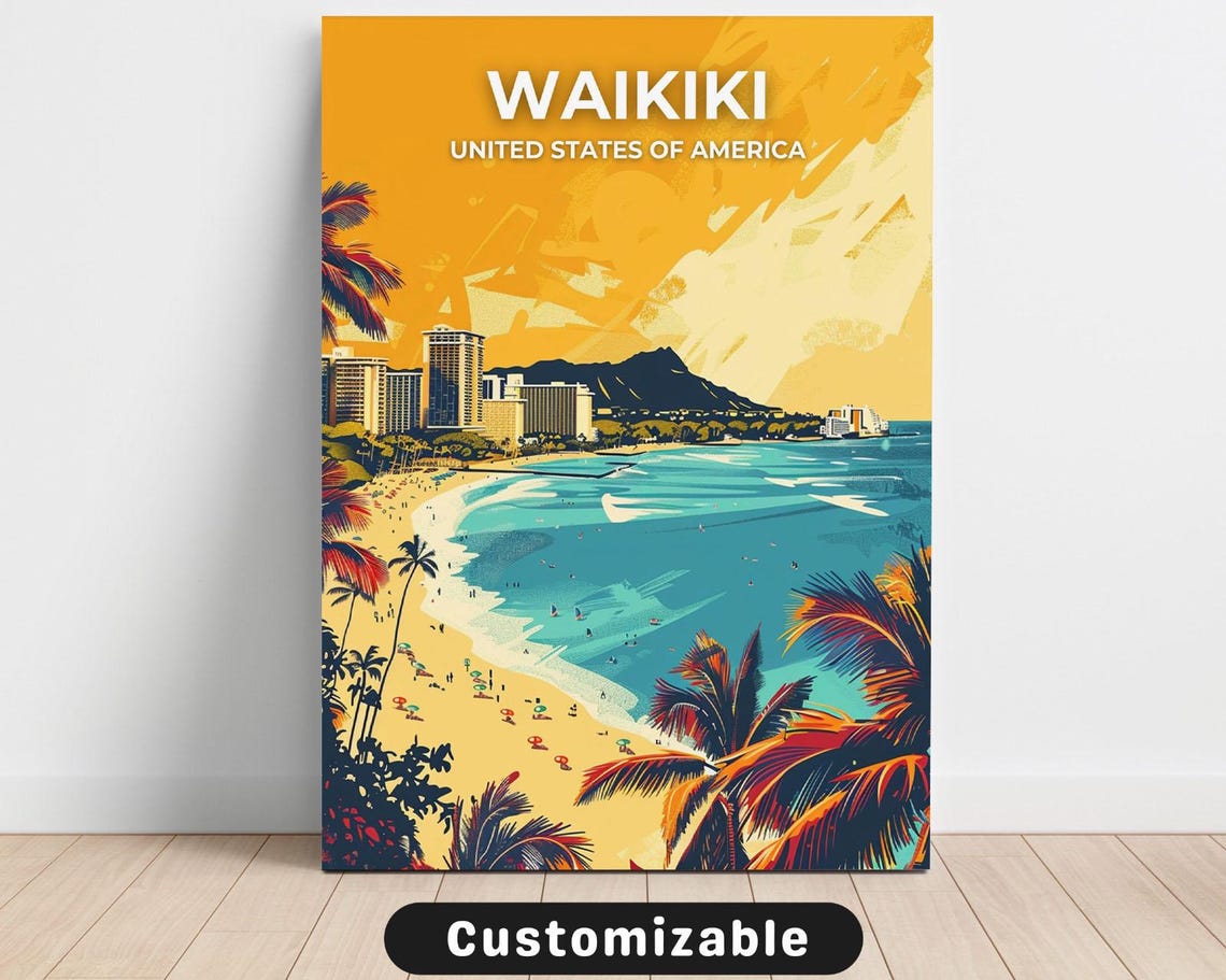 Waikiki Beach Diamond Head Hawaii Golden Sunset Travel Poster