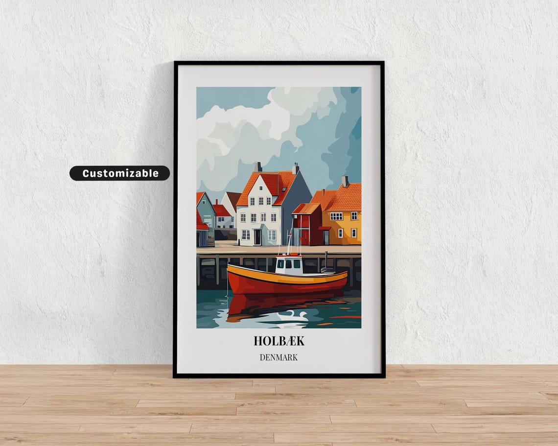 Holbaek Denmark Harbor Red Fishing Boat Scandinavian Travel Poster