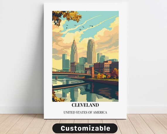 Cleveland Autumn River Skyline Retro Travel Poster United States of America