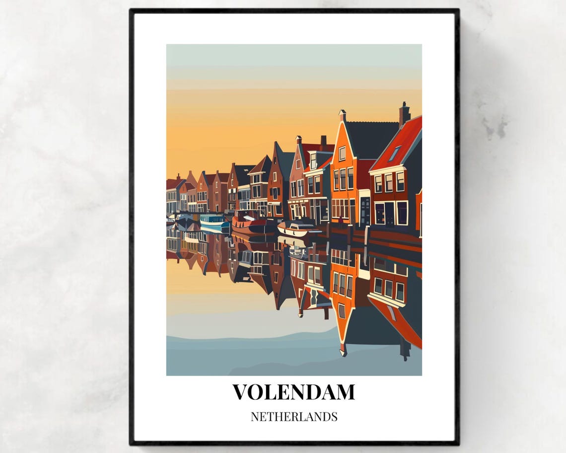 Volendam Netherlands Canal Houses Sunset Retro Travel Poster