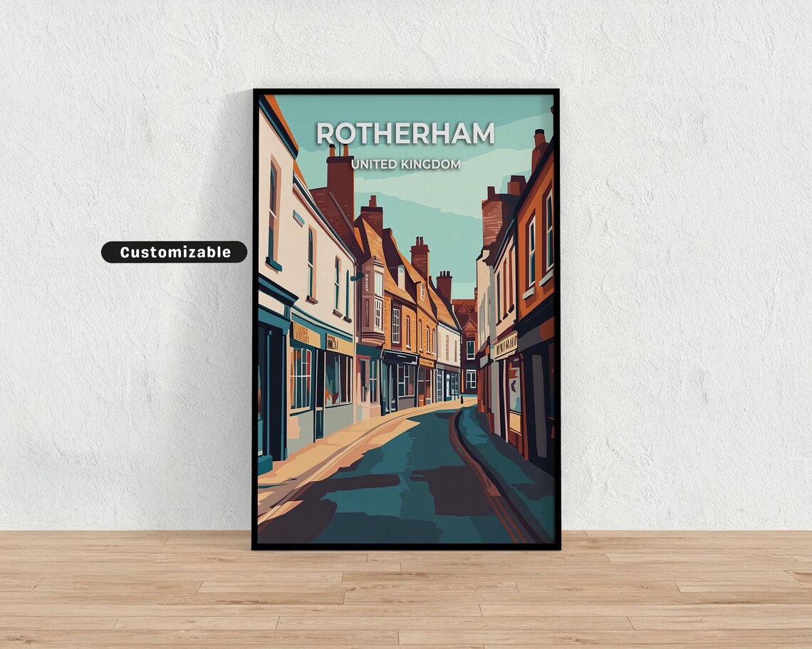 Rotherham United Kingdom Quaint High Street Shops Travel Poster