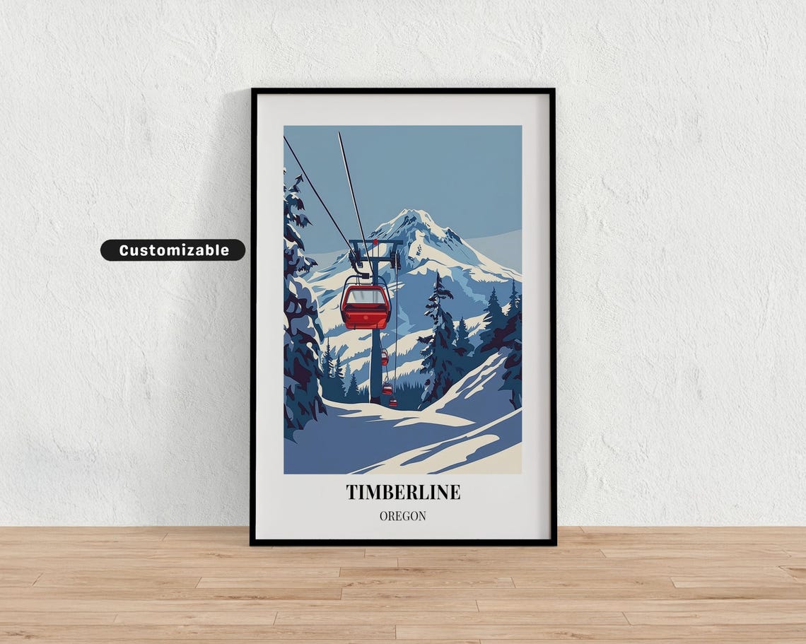 Timberline Oregon Red Gondola Snowy Mountain Pines Ski Travel Poster
