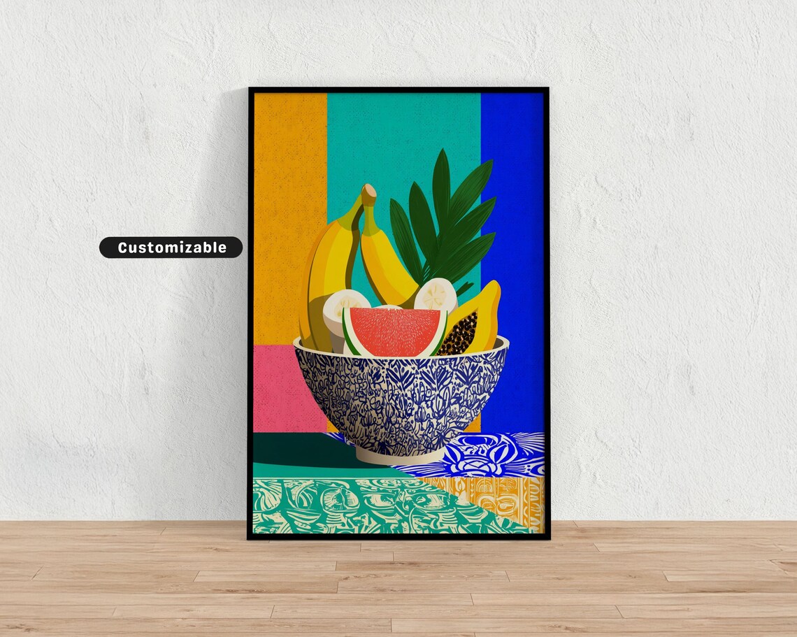 Tropical Fruit Bowl With Bananas Papaya And Bright Patterns Mediterranean Colorful Wall Art Illustration Print Modern Boho H