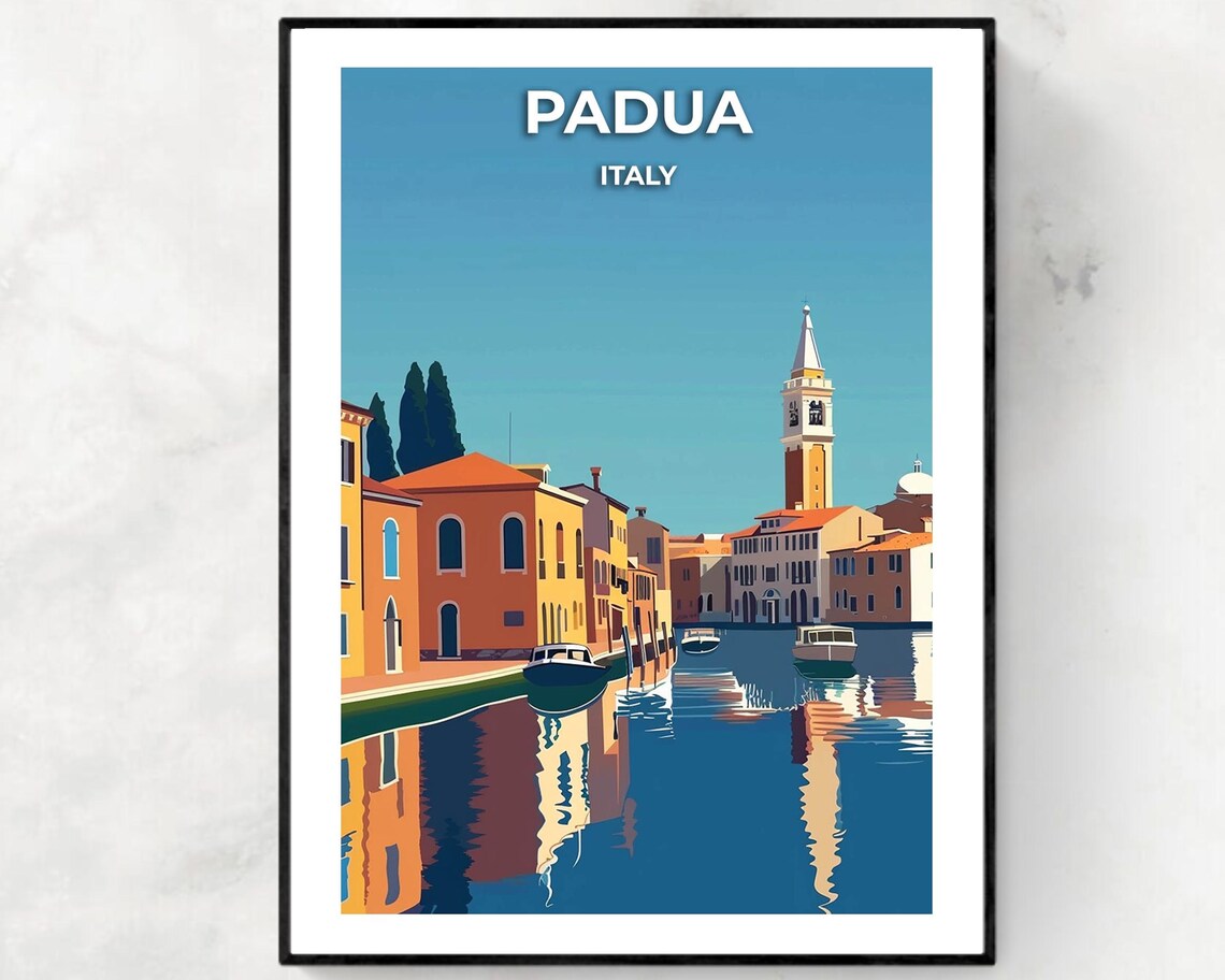 Padua Italy Sunny Canal Moored Boats Bell Tower Travel Poster
