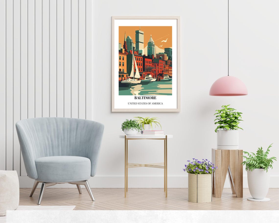 Baltimore Harbor Sailboats Brick Waterfront Bottom Title Travel Poster - Image 2