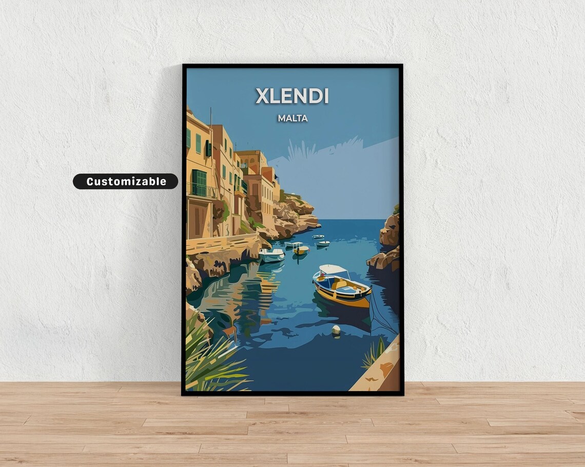 Xlendi Malta Harbor Boats Rocky Sea Coast Vintage Travel Poster