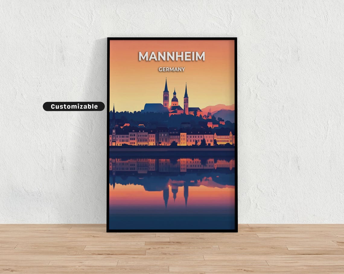 Mannheim Germany Sunset Skyline Riverside Vintage Travel Art Poster
