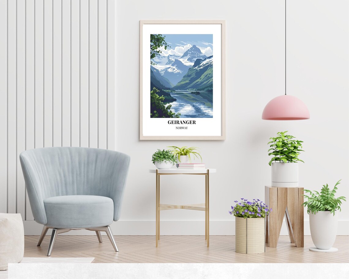 Geiranger Norway Fjord With Snowy Peaks Vintage Travel Poster Art - Image 2
