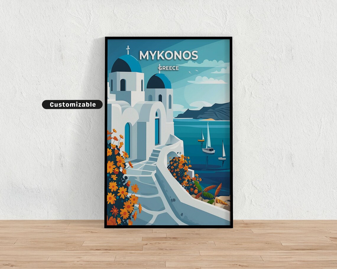 Mykonos Greece Blue Domed Churches Aegean Sea Sailboats Travel Poster