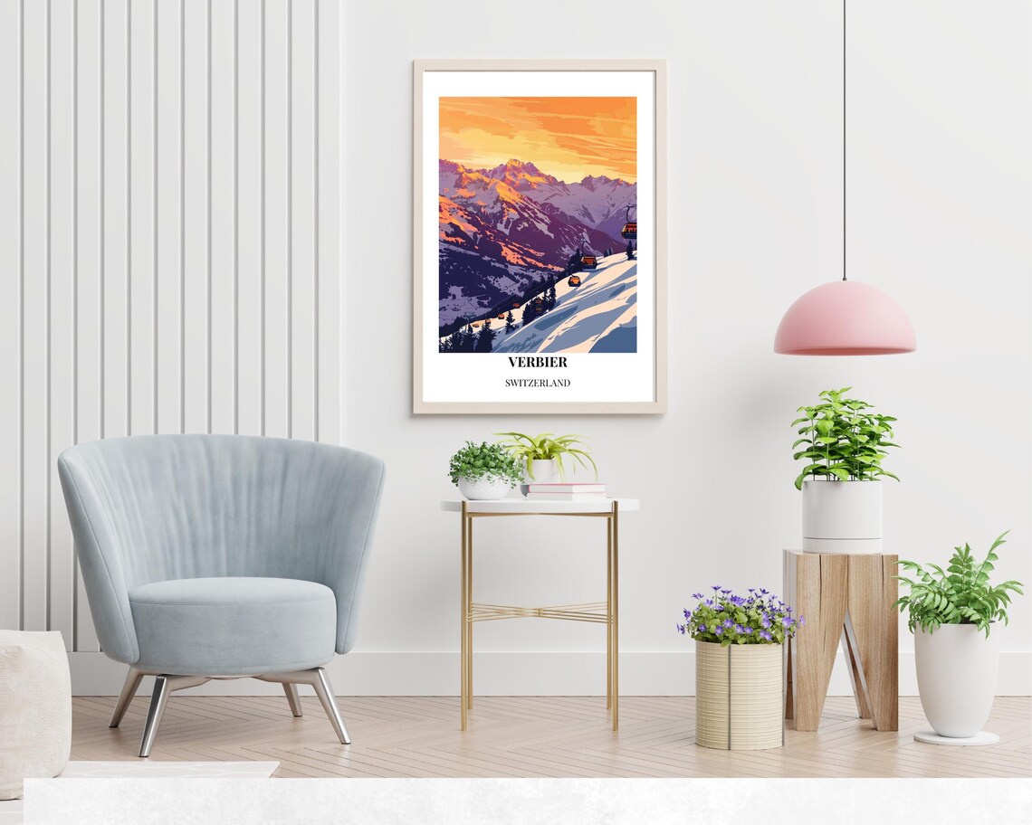 Verbier Switzerland Sunset Ski Slopes Gondola Travel Poster Art - Image 2