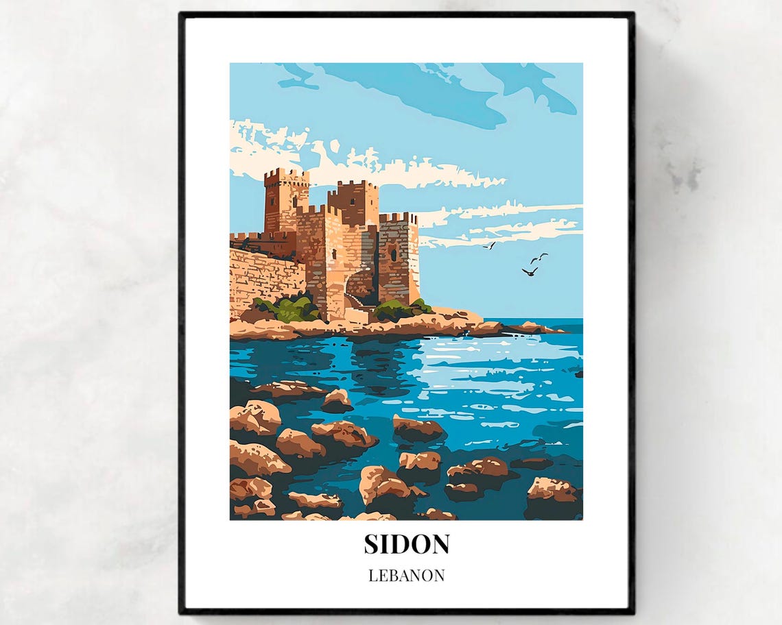 Sidon Lebanon Sea Castle Rocky Coast Historic Fortress Travel Poster